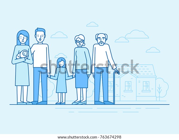 青い色のベクター平面の線形イラスト 家の前に祖父母と子どもが立つ幸せな家族 のベクター画像素材 ロイヤリティフリー