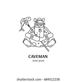 Vector flat linear illustration with caveman holding a spear and a fish isolated on white. 