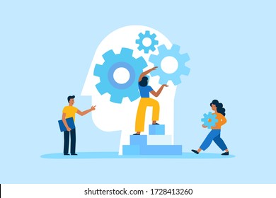 Vector flat linear illustration with characters- team working and education concept - creative idea, mental health concept, stress management and brain development