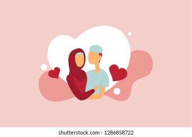 Vector flat linear illustration - happy moslem couple in love - design element for wedding invitation,romance lovers poster, valentine banner website, greeting card template 