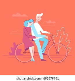 Vector flat linear illustration - happy couple in love - illustration and design element for wedding invitation, save the date cards ot valentine's day greeting card - man and woman on the bicycle