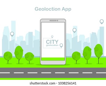 Vector flat linear illustration, mobile geolocation app, modern city background.
