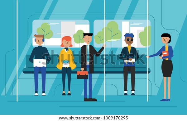 Vector flat linear illustration, people ride in\
a train car to work, interior of a subway car, vector city public\
transport