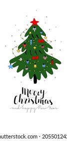 Vector, flat, linear illustration for a postcard layout. Vertical format. It depicts a Christmas tree decorated with toys, garland, lettering Merry Christmas and happy New Year. Concept celebration. 