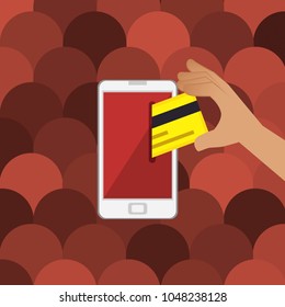 Vector flat linear illustration in red colors - online mobile payment concept - hand holding credit card