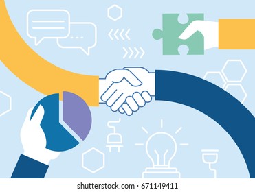 Vector flat linear illustration related of team work, cooperation, collaboration and interaction