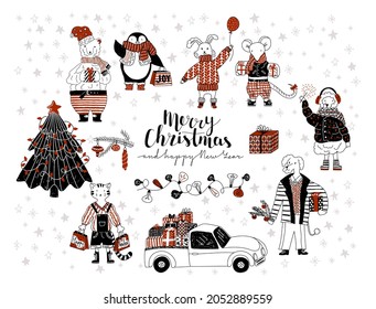 Vector flat, linear illustration with a set of objects and animals, lettering Merry Christmas and New Year. A painted Christmas tree, truck, garland, branch, happy characters are depicted.