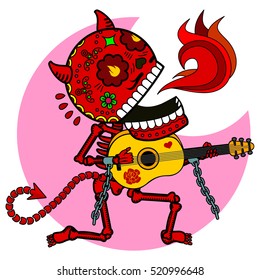 Vector flat and linear Illustration of skeleton. The devil plays guitar and sings a serenade. Web banners, advertisements, brochures, business templates. Isolated on a white background.