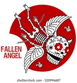Vector flat and linear Illustration of skeleton. Fallen angel. Demon in chains on a red background. Web banners, advertisements, brochures, business templates. Isolated on a white background.
