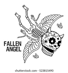 Vector flat and linear Illustration of skeleton. Fallen angel. Demon in chains on a red background. Web banners, advertisements, brochures, business templates. Isolated on a white background.