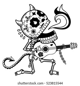 Vector flat and linear Illustration of skeleton. The devil plays guitar and sings a serenade. Web banners, advertisements, brochures, business templates. Isolated on a white background.