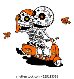 Vector flat and linear Illustration of skeleton. Hipster young man and woman couple on a scooter. Web banners, advertisements, brochures, business templates. Isolated on a white background.