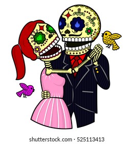 Vector flat and linear Illustration of skeleton. Lovers man and woman dancing tango. Web banners, advertisements, brochures, business templates. Isolated on a white background.
