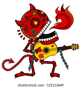 Vector flat and linear Illustration of skeleton. The devil plays guitar and sings a serenade. Web banners, advertisements, brochures, business templates. Isolated on a white background.