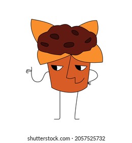 Vector flat linear illustration with sweetness, pastries. An animated cupcake character is depicted showing a thumbs up gesture. The elements can be used in web design, banner design, etc.