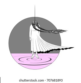 Vector flat and linear Illustration of woman. woman hang on lope for die. symbol for alone. template isolated on white background. drawing line tattoo design. 
