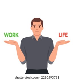 Vector flat linear illustration - work and life balance concept - man choosing between business and personal. Flat vector illustration isolated on white background