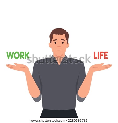 Vector flat linear illustration - work and life balance concept - man choosing between business and personal. Flat vector illustration isolated on white background