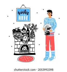 Vector flat, linear illustration with a young man holding ball with a Christmas tree, bear. There is also fireplace decorated festive toys, decorative snowflakes, picture of lettering winter is here.