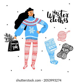 Vector flat, linear illustration of young woman holding package from store in her hand. Lettering winter clothes, knitted things, yarn, tights, sweater is also depicted. Concept winter, warm clothes.