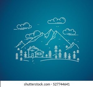 Vector flat linear landscape with house, trees and mountains on blue background. Trendy vector design, eco house.