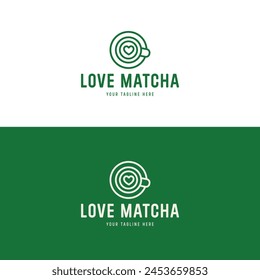 Vector flat linear logo tea cup with matcha for design menu, branding identity for tea or coffee shop on white and green backgrounds. Healthy organic drink symbol with heart.