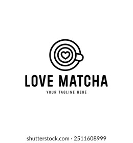 Vetor taça de chá de logotipo linear plana com matcha para o menu de design, identidade de marca para chá ou cafeteria em fundos brancos e verdes. Símbolo de bebida orgânica saudável com coração.