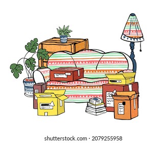 Vector flat and linear mixed illustration on the topic of preparing for moving, packing things, mail. Painted a colorful sofa with a floor lamp, plants and lots of boxes.