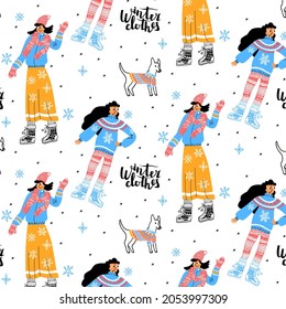 Vector flat, linear pattern with two women and dog in winter clothes, and lettering. Concept winter, warm clothes, Christmas, New Year holidays. It can be used for decoration of textiles, wrapper, etc