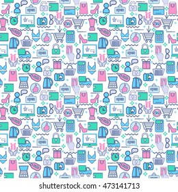 Vector flat linear style background with colorful shopping icons, retail, online  payment , seamless vector background with colorful shopping icons. 