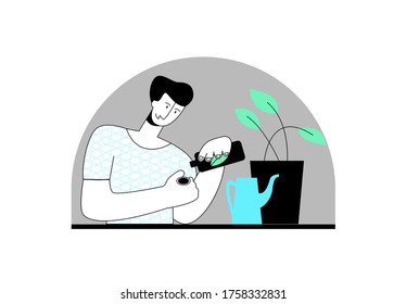 Vector flat, linear young man who is engaged in fertilizing indoor plants. Concept domestic, homework. It can be use in social networks, landing pages, web design, etc.