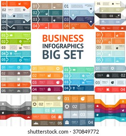 Vector flat lines arrows infographic big set. Templates for diagram, graph, presentation, chart. Business stairs concept with 4 and 5 options, parts, steps or processes. 14 infographics in 1 bundle.