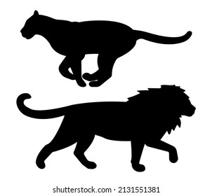 Vector flat lion and lioness silhouette isolated on white background