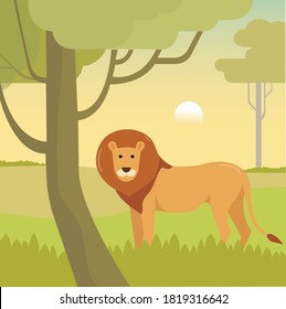 Vector Flat Lion in Savanna with Evening Sky