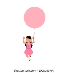 Vector flat little asian girl child jumping with big colored air balloon in pink dress smiling. Happy female kid character for celebration party invitation card design. Isolated illustration