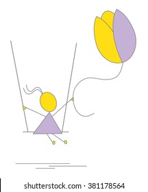 Vector, flat - Little girl is swinging on a swing and holding a flower (tulip). Easter, spring, summer time. Child playing outdoors, on playground or in summer camp. Simple clean design.