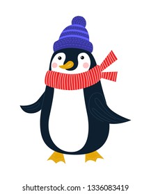 Vector flat llustration for greeting cards, postcards, icon, logo or badge. Holiday celebration card with cute penguin in winter clothes isolated on white background.