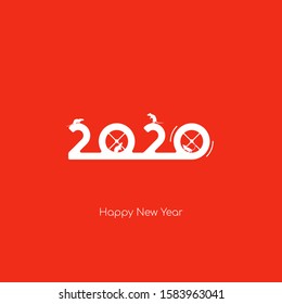 Vector flat logo 2020 with silhouette of rats. Running rat in a wheel. New Year of the Rat.