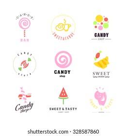 Vector Flat Logo Collection For Candy Shop And Sweet Store. Candy Bar Brand Mark Design. Also Good For Children Print Template. Sweet Store Logo. Lollipop Sign.