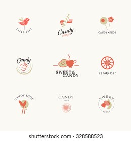 Vector flat logo collection for candy shop and sweet store. Ice cream, cake, bun sign. Candy bar brand mark design. Also good for children toys store, print print.