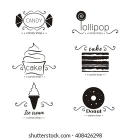 Vector flat logo collection for candy shop,coffee shop, sweet store.  Sweet store logo.  Candy, ice cream, cake, donut, lollipop.
