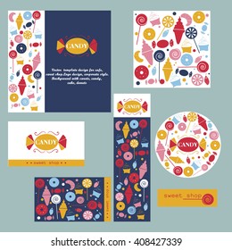 Vector flat logo collection for candy shop,coffee shop, sweet store.  Sweet store logo.  Candy, ice cream, cake, donut, lollipop.Branding