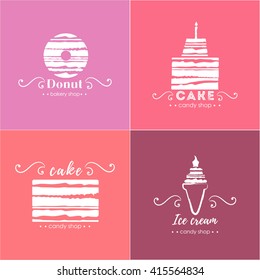 Vector flat logo collection for candy shop,coffee shop, sweet store.  Sweet store logo.  Candy, ice cream, cake, donut, lollipop.