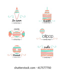 Vector flat logo collection for candy shop,coffee shop, sweet store.  Sweet store logo.  Candy, ice cream, cake, donut, lollipop.