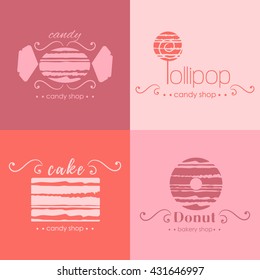Vector flat logo collection for candy shop,coffee shop, sweet store.  Sweet store logo.  Candy, ice cream, cake, donut, lollipop.