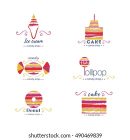 Vector flat logo collection for candy shop,coffee shop, sweet store.  Sweet store logo.  Candy, ice cream, cake, donut, lollipop.