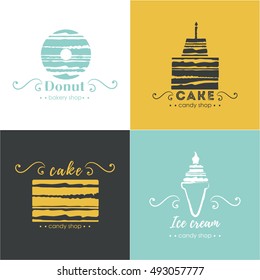 Vector flat logo collection for candy shop,coffee shop, sweet store.  Sweet store logo.  Candy, ice cream, cake, donut, lollipop.