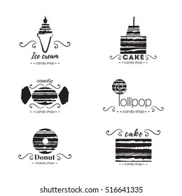 Vector flat logo collection for candy shop,coffee shop, sweet store.  Sweet store logo.  Candy, ice cream, cake, donut, lollipop.