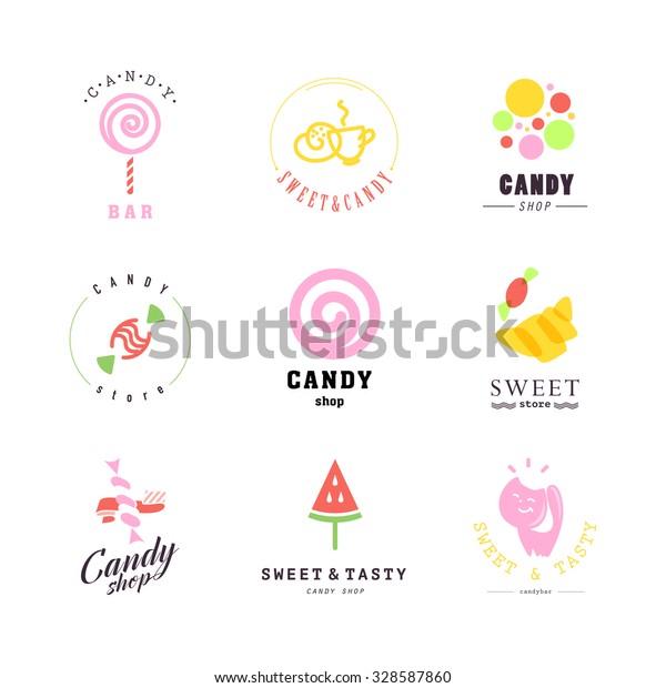 Vector flat logo collection\
for candy shop and sweet store. Candy bar brand mark design. Also\
good for children print template. Sweet store logo. Lollipop\
sign.