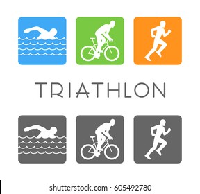 Vector flat logo triathlon. Figures triathletes on white background. Swim, bike and run icon.